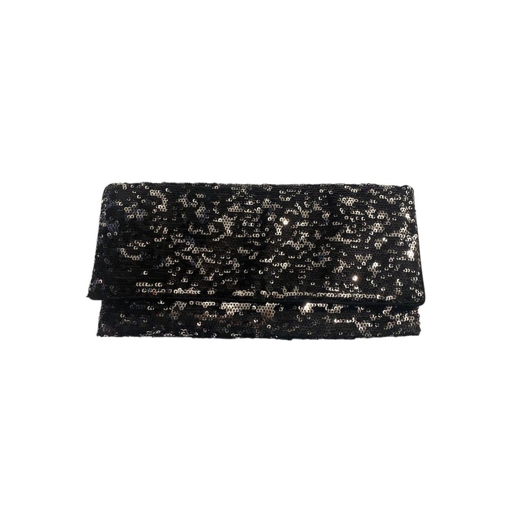 BCBGMAXAZRIA Black/Silver Sequin Clutch w/ Long Shoulder Coil Strap NWOT